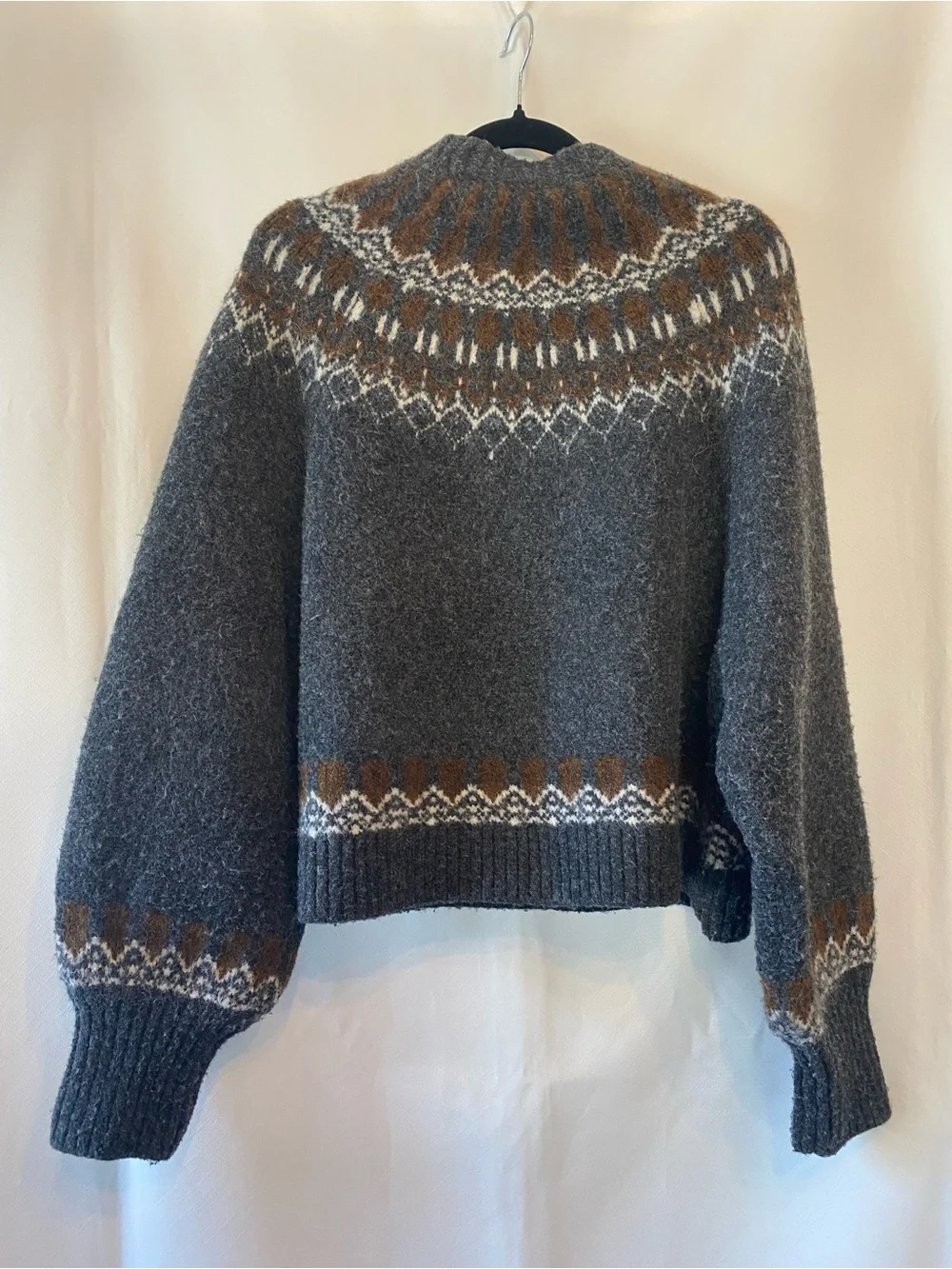 Zara Women's Fair Isle Wool Alpaca Blend Sweater Anthrcite Grey LG Cozycore - Picture 9 of 17